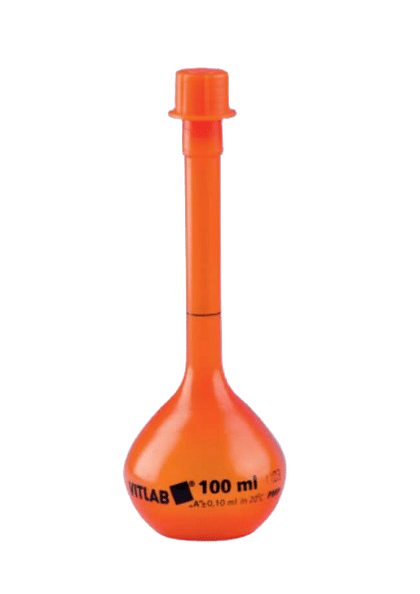 Balon Volumetrico Opaco en PMP Clase A 100 mL,  con Tapa de Rosca, Transparente, Autoclavable para conservacion de Materiales Sensibles A La Luz. con certificado de lote. VITLAB 673040