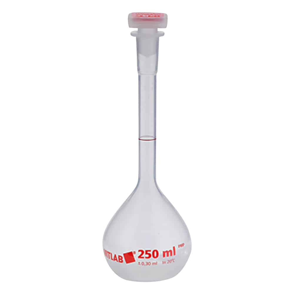 Balon Volumetrico Polimetilpentano Clase A 250 mL, Transparente, Autoclavable. con certificado de lote. VITLAB 67404