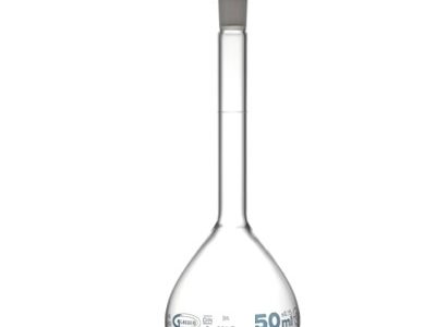 Balón volumétrico borosilicato, tapa plástica 12/21, con certificado de lote, 50 ml POBEL 495808 - (Caja 10 unidades)