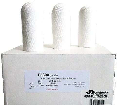 Dedales de celulosa  Ø33 x 80 mm para extractor de 250 mL (Caja x 25 pcs) CHMLAB F5800-33080